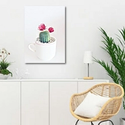 «Цветущий кактус в чашке» в интерьере гостиной в скандинавском стиле над комодом