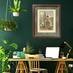 «Москва. Никольские ворота Кремля» в интерьере кабинета с зелеными стенами