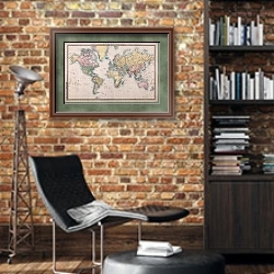 «Карта Мира, 19 век» в интерьере кабинета в стиле лофт с кирпичными стенами