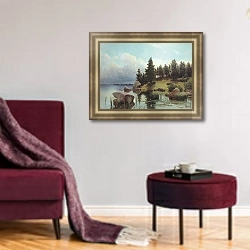 «У лесного озера» в интерьере гостиной с розовым диваном