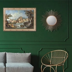 «Здания, люди рядом с рекой с порогами» в интерьере классической гостиной с зеленой стеной над диваном