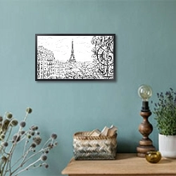 «Париж в Ч/Б рисунках #44» в интерьере светлой гостиной в стиле ретро