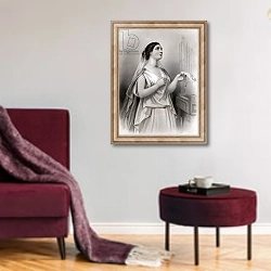 «Saint Cecilia, illustration from 'World Noted Women' by Mary Cowden Clarke, 1858» в интерьере гостиной в бордовых тонах