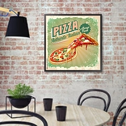 «Ретро плакат с итальянской пиццей» в интерьере кухни в стиле лофт с кирпичной стеной