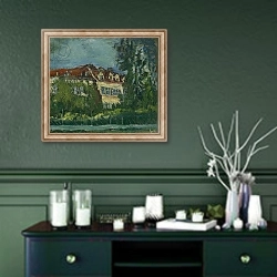 «Landscape with House, c.1934» в интерьере прихожей в зеленых тонах над комодом