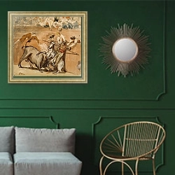 «Bullfight, 1865» в интерьере классической гостиной с зеленой стеной над диваном