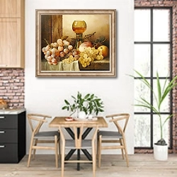 «Grapes, apples, plums and a peach with hock glass on draped ledge» в интерьере кухни с кирпичными стенами над столом