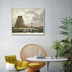 «Подъем Александровской колонны» в интерьере современной гостиной с желтым креслом