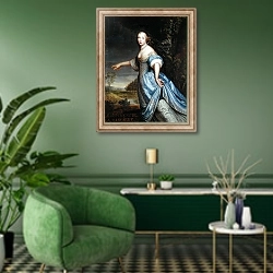 «Portrait of Madame de la Sabliere» в интерьере гостиной в зеленых тонах