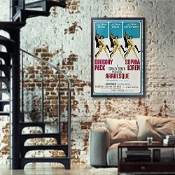 «Poster - Arabesque» в интерьере двухярусной гостиной в стиле лофт с кирпичной стеной