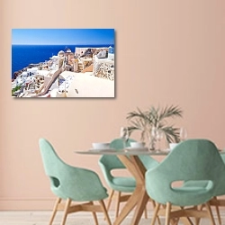«Греция. Санторини. Панорама» в интерьере современной столовой в пастельных тонах