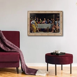 «The Last Supper, 1648» в интерьере гостиной в бордовых тонах