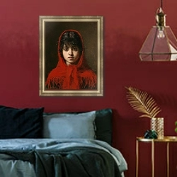 «Молодая девушка в красном шале» в интерьере гостиной в зеленых тонах