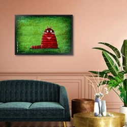 «Красный улыбающийся кот на зеленом фоне» в интерьере классической гостиной над диваном