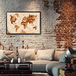 «Карта мира в кофейных тонах» в интерьере гостиной в стиле лофт с кирпичной стеной
