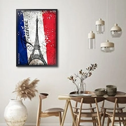 «Эйфелева башня, Париж, Франция на фоне флага» в интерьере комнаты в стиле ретро над тумбой