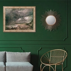 «Weymouth Bay with Approaching Storm» в интерьере классической гостиной с зеленой стеной над диваном