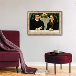 «Double Portrait of Martin Luther and Philip Melanchthon» в интерьере гостиной в бордовых тонах