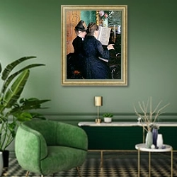 «The Piano Lesson, 1881» в интерьере гостиной в зеленых тонах