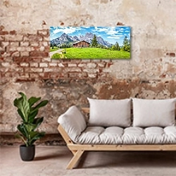 «Швейцария. Альпийские луга с горным шале» в интерьере современной гостиной в стиле лофт