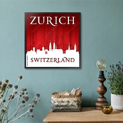 «Цюрих, Швейцария. Силуэт города на красном фоне» в интерьере в стиле ретро над комодом