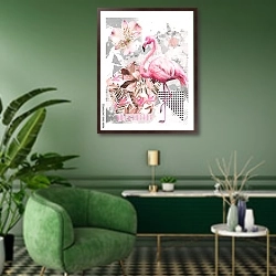 «Абстракция с розовым фламинго 1» в интерьере гостиной в зеленых тонах