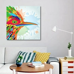 «Цветная птица, портрет» в интерьере гостиной в стиле поп-арт с яркими деталями