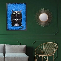 «Черный кот на синем фоне» в интерьере классической гостиной с зеленой стеной над диваном