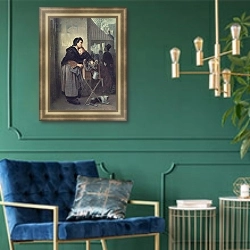 «Парижская шарманщица. 1864» в интерьере классической гостиной с зеленой стеной над диваном