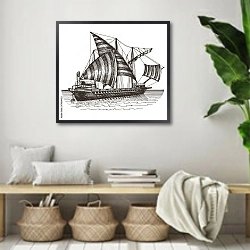 «Корабль с полосатыми парусами» в интерьере комнаты в стиле ретро с плетеными корзинами