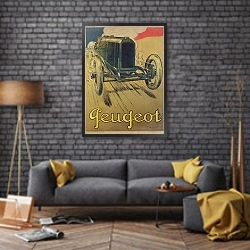 «Poster advertising a Peugeot Racing Car, c.1918» в интерьере в стиле лофт над диваном