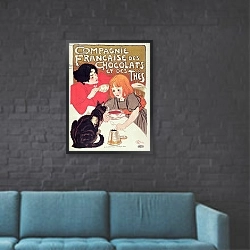«Poster advertising the Compagnie Francaise des Chocolats et des Thes, c.1898» в интерьере в стиле лофт с черной кирпичной стеной