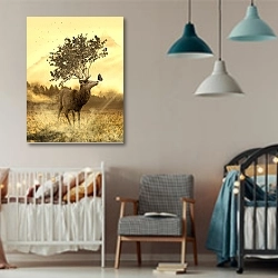 «Сказочный олень с рогами-ветвями» в интерьере детской комнаты для мальчика