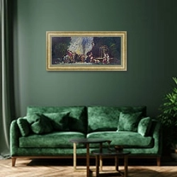 «Встреча перед охотой» в интерьере зеленой гостиной над диваном