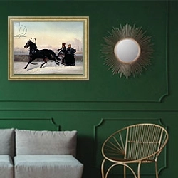 «Emperor Nicholas I Driving in a Sleigh» в интерьере классической гостиной с зеленой стеной над диваном