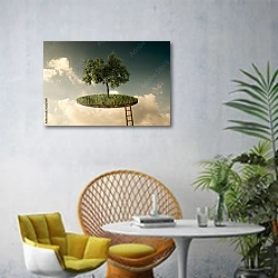 «Островок в небе» в интерьере современной гостиной с желтым креслом