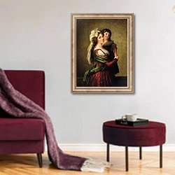 «Madame Rousseau and her Daughter, 1789» в интерьере гостиной в бордовых тонах