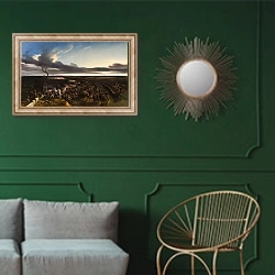 «Сражение при Монмирале» в интерьере классической гостиной с зеленой стеной над диваном