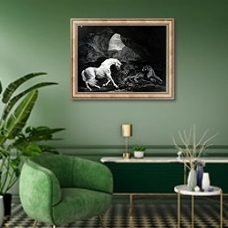 «A Horse startled by a Lioness, engraved by Benjamin Green, 1774» в интерьере гостиной в зеленых тонах