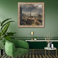 «The Garde Nationale de Paris Leaves to Join the Army in September 1792, c.1833-36» в интерьере гостиной в зеленых тонах