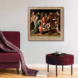 «St. Diego of Alcala Giving Food to the Poor, 1645-46» в интерьере гостиной в бордовых тонах