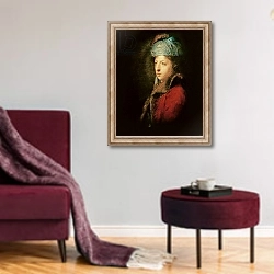 «Portrait of Giuseppe Marchi 1753» в интерьере гостиной в бордовых тонах