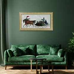 «Horse Drawn Sleigh 3» в интерьере зеленой гостиной над диваном