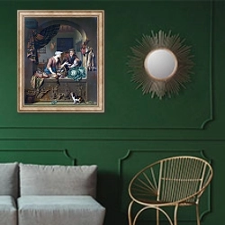 «Женщина и рыбный торговец на кухне» в интерьере классической гостиной с зеленой стеной над диваном