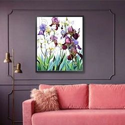 «White and Purple Irises» в интерьере классической спальни с темными стенами