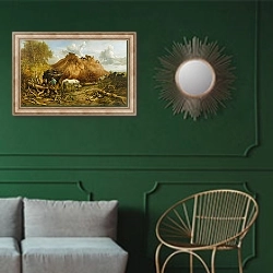 «Clearing the Wood for the Iron Way, 1880» в интерьере классической гостиной с зеленой стеной над диваном