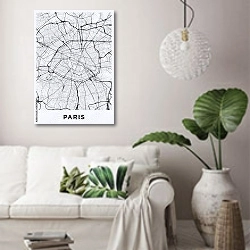 «Светлая вертикальная карта Парижа» в интерьере светлой гостиной в скандинавском стиле над диваном