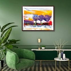 «Абстракция с фиолетовыми деревьями» в интерьере гостиной в зеленых тонах