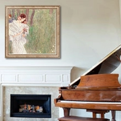 «Girl in a White Dress Standing in a Forest» в интерьере классической гостиной над камином