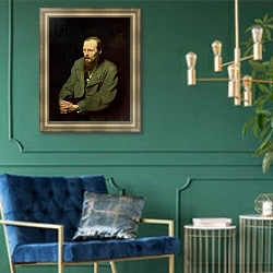 «Portrait of Fyodor Dostoyevsky 1872» в интерьере классической гостиной с зеленой стеной над диваном